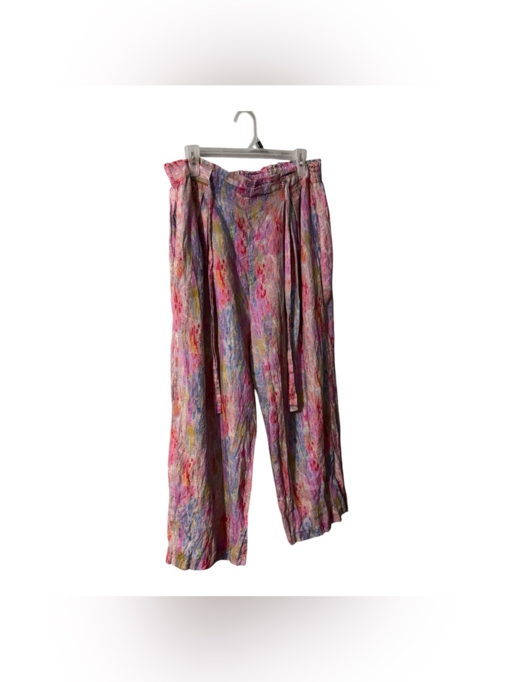 APNY 100% Linen Wide Leg Pants XL Pink Watercolor Abstract Tie Waist